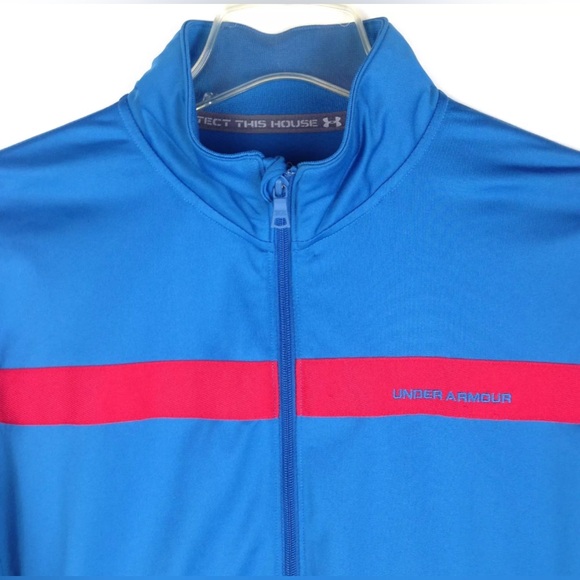 Under Armour Loose Coldgear Jacket Mens Blue Red Trim Full Zip Logo Patch Size L - Picture 3 of 5